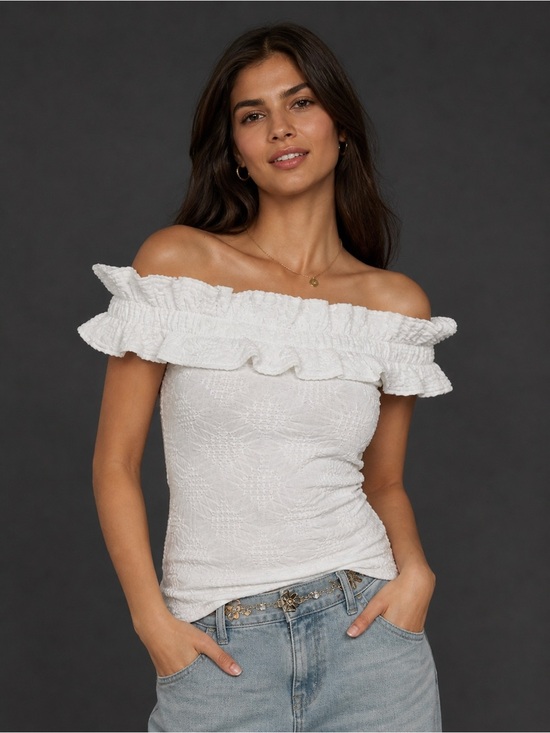 Maeve Tops - Maeve White Off-the-Shoulder Ruffle Camisole